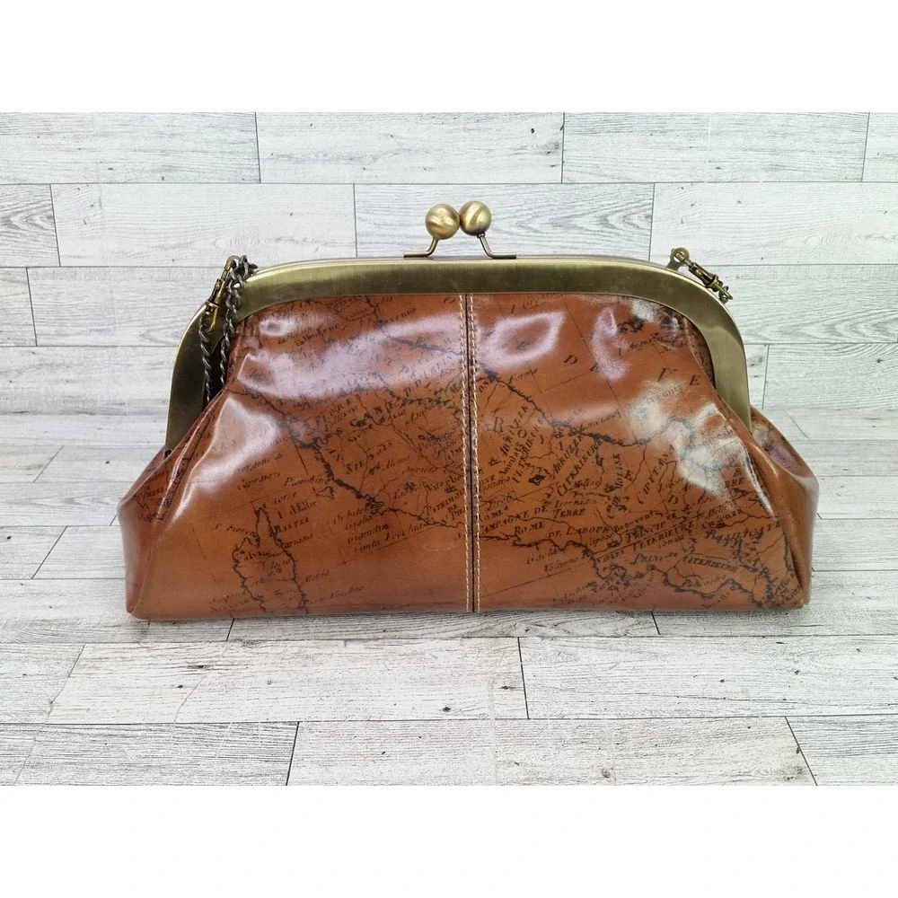 Patricia Nash Mia Leather Shoulder Bag Map Design Framed Satchel Kisslock Brown